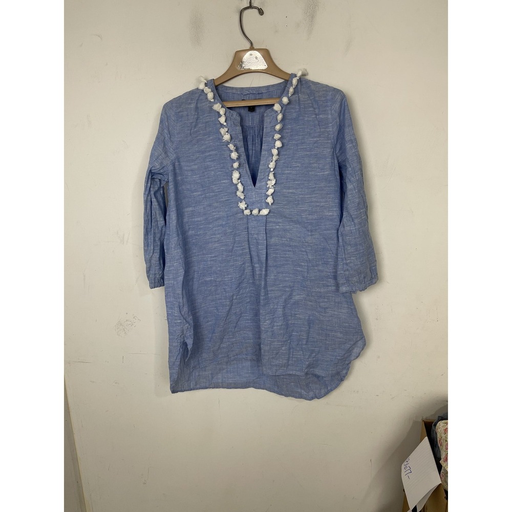 J.Crew Women's S Blue Cotton Linen Pom‎ Pom V-Neck Long Sleeve Tunic Top